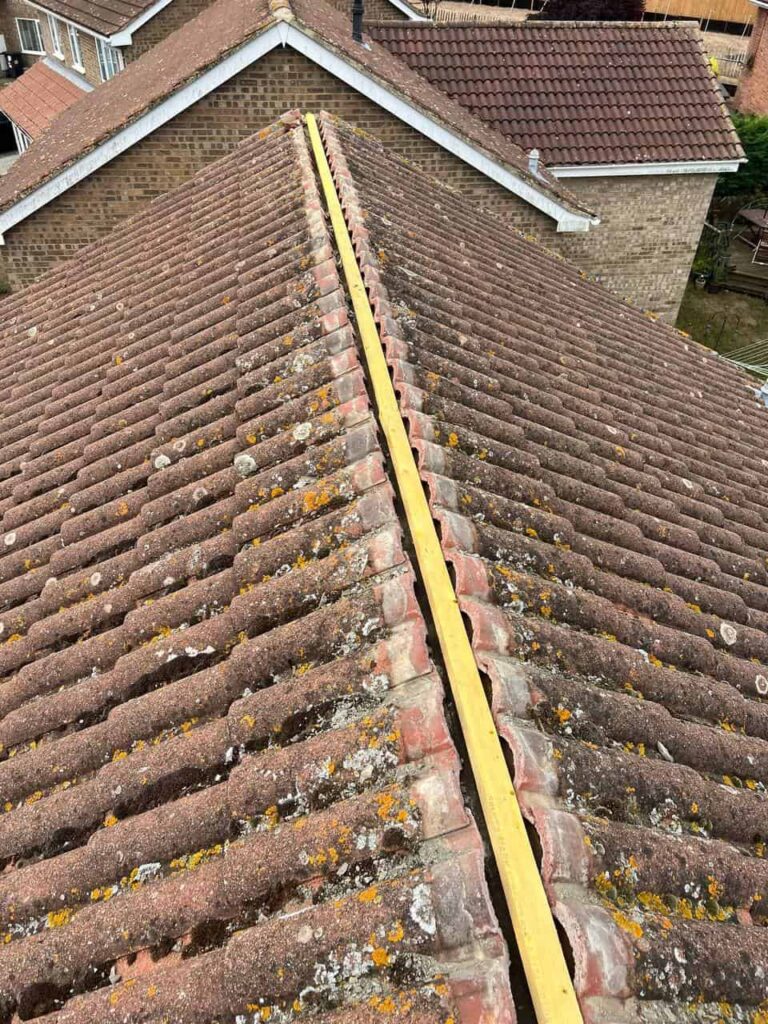 This is a photo of a roof with the ridge tiles removed and a length of 2x1 batten installed. The roof is waiting for the new ridge tiles to be installed.